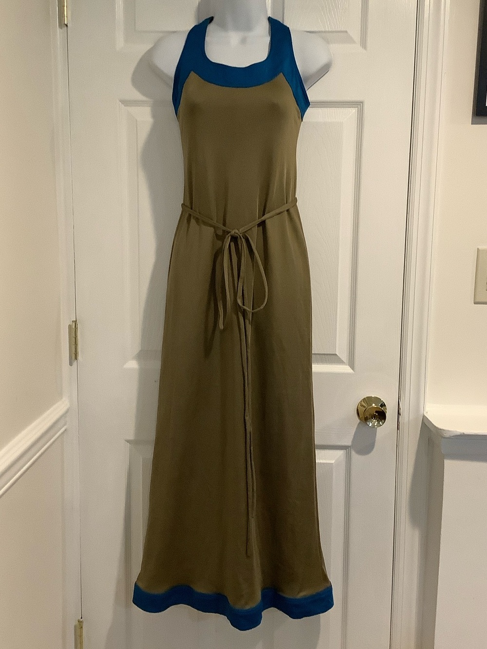 VINTAGE ERES Gold/Blue Stretch Paris Luxe Euro Vacation Wedding Guest MaxiDress